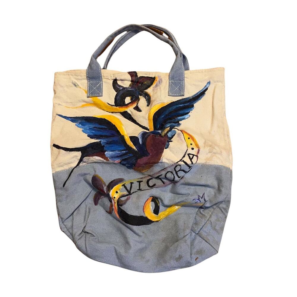 Custom Ed Hardy Style Tattoo Hand Painted Name Canvas Tote. Reads “Victoria”.